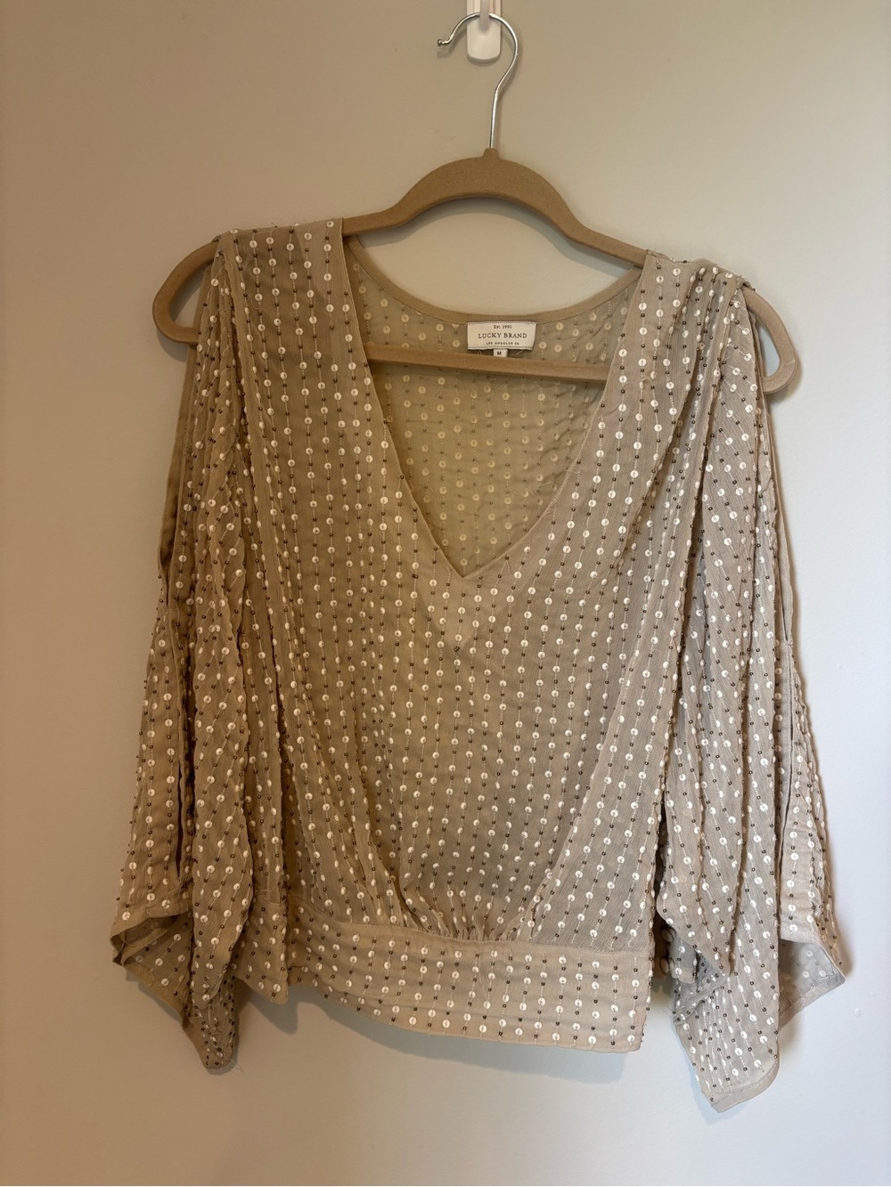 Lucky Brand Tan Sequin Embellished Sheer Blouse — Size M — V-Neck Long Sleeve